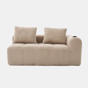 Sofá de veludo cotelê de 2 lugares - Com almofadas macias, bolsa lateral para comando e bebidas - Cáqui