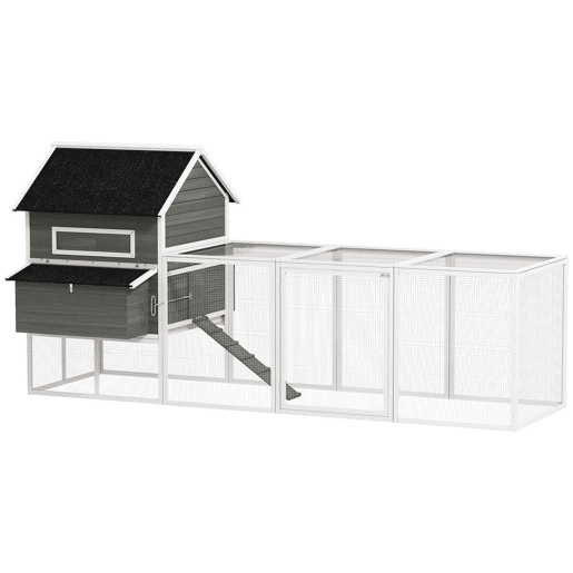 PawHut Galinheiro de Madeira Grande para Exterior, 347x160x150 cm para 4-6 Galinhas, Abrigo com 2 Caixas de Ninho, Cercado, Telhado Asfáltico, Bandeja Removível e Rampa, Casa Elevada, Cinzento Escuro
