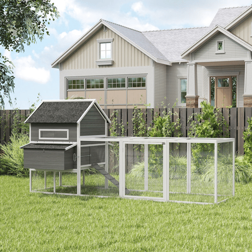 PawHut Galinheiro de Madeira Grande para Exterior, 347x160x150 cm para 4-6 Galinhas, Abrigo com 2 Caixas de Ninho, Cercado, Telhado Asfáltico, Bandeja Removível e Rampa, Casa Elevada, Cinzento Escuro