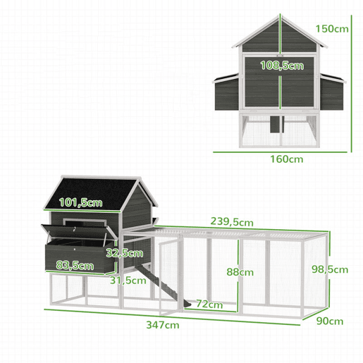 PawHut Galinheiro de Madeira Grande para Exterior, 347x160x150 cm para 4-6 Galinhas, Abrigo com 2 Caixas de Ninho, Cercado, Telhado Asfáltico, Bandeja Removível e Rampa, Casa Elevada, Cinzento Escuro