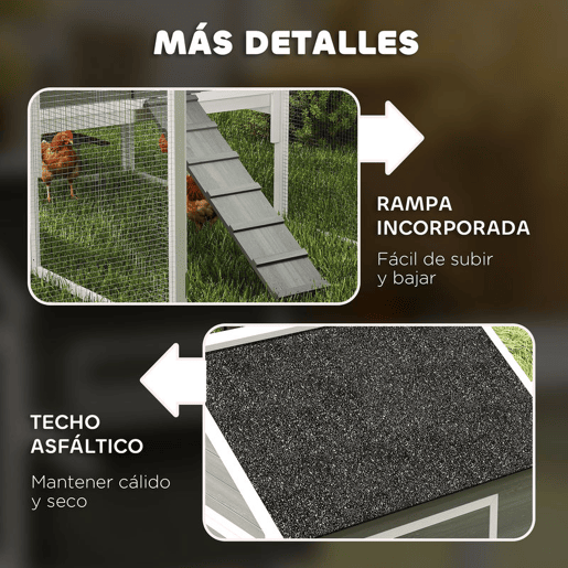 PawHut Galinheiro de Madeira Grande para Exterior, 347x160x150 cm para 4-6 Galinhas, Abrigo com 2 Caixas de Ninho, Cercado, Telhado Asfáltico, Bandeja Removível e Rampa, Casa Elevada, Cinzento Escuro