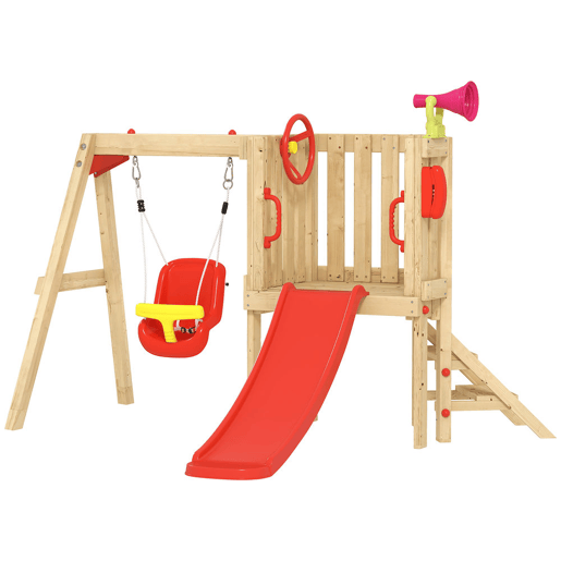 Outsunny Baloiço e Escorrega Infantil Exterior 5 em 1 Parque Infantil de Madeira com Baloiço Escorrega Volante Buzina Telefone para Crianças de 18-48 Meses para Jardim Relvado Vermelho