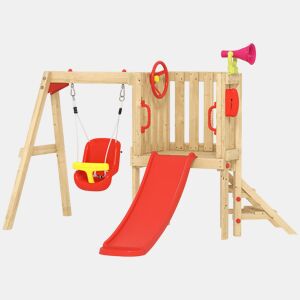 Outsunny Baloiço e Escorrega Infantil Exterior 5 em 1 Parque Infantil de Madeira com Baloiço Escorrega Volante Buzina Telefone para Crianças de 18-48 Meses para Jardim Relvado Vermelho