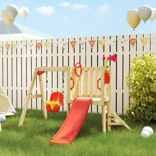 Outsunny Baloiço e Escorrega Infantil Exterior 5 em 1 Parque Infantil de Madeira com Baloiço Escorrega Volante Buzina Telefone para Crianças de 18-48 Meses para Jardim Relvado Vermelho