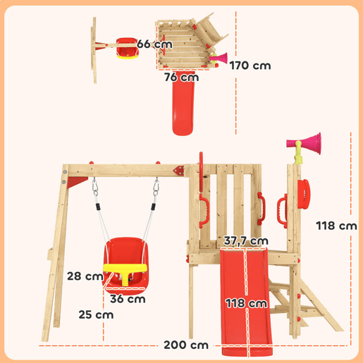 Outsunny Baloiço e Escorrega Infantil Exterior 5 em 1 Parque Infantil de Madeira com Baloiço Escorrega Volante Buzina Telefone para Crianças de 18-48 Meses para Jardim Relvado Vermelho