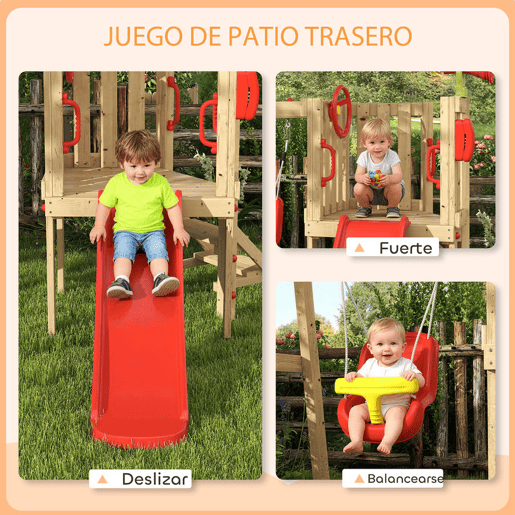 Outsunny Baloiço e Escorrega Infantil Exterior 5 em 1 Parque Infantil de Madeira com Baloiço Escorrega Volante Buzina Telefone para Crianças de 18-48 Meses para Jardim Relvado Vermelho