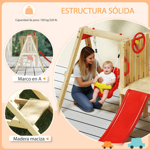 Outsunny Baloiço e Escorrega Infantil Exterior 5 em 1 Parque Infantil de Madeira com Baloiço Escorrega Volante Buzina Telefone para Crianças de 18-48 Meses para Jardim Relvado Vermelho
