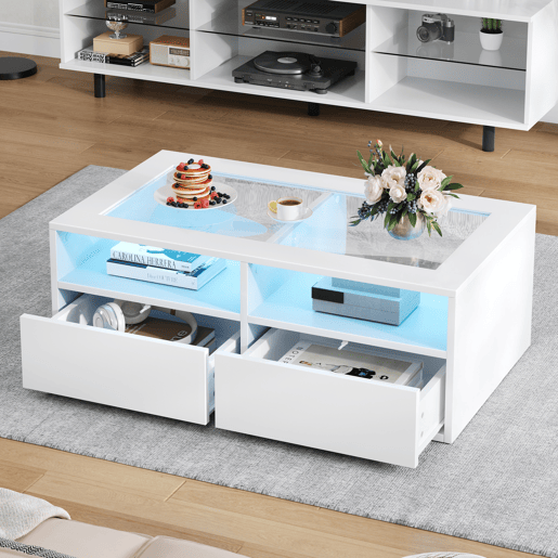 Mesa de centro retangular de painel de partÃculas com 2 gavetas e luz led,branco Mesa de centro retangular de painel de partÃculas com 2 gavetas e luz led,branco