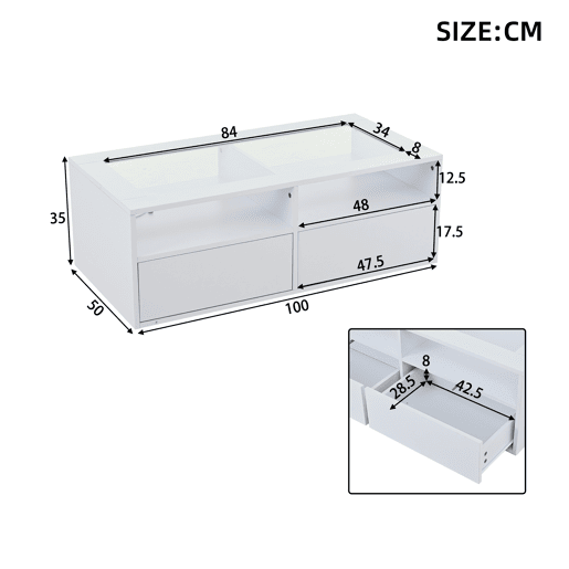 Mesa de centro retangular de painel de partÃculas com 2 gavetas e luz led,branco Mesa de centro retangular de painel de partÃculas com 2 gavetas e luz led,branco