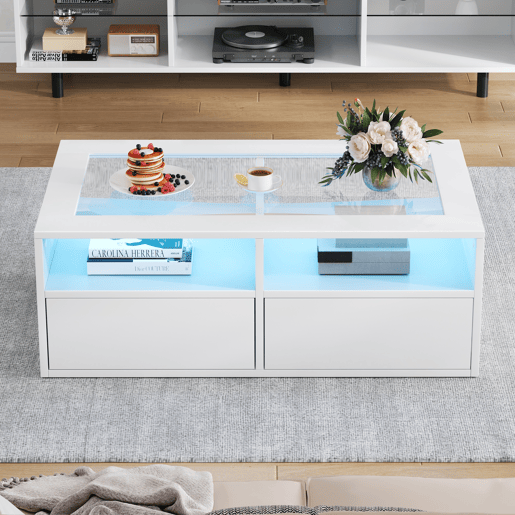 Mesa de centro retangular de painel de partÃculas com 2 gavetas e luz led,branco Mesa de centro retangular de painel de partÃculas com 2 gavetas e luz led,branco