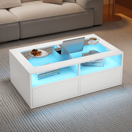 Mesa de centro retangular de painel de partÃculas com 2 gavetas e luz led,branco Mesa de centro retangular de painel de partÃculas com 2 gavetas e luz led,branco