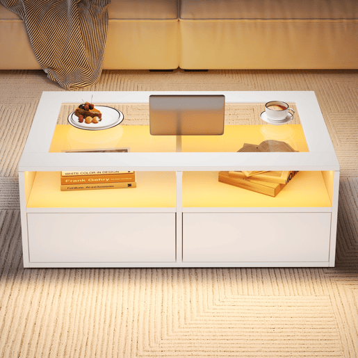 Mesa de centro retangular de painel de partÃculas com 2 gavetas e luz led,branco Mesa de centro retangular de painel de partÃculas com 2 gavetas e luz led,branco