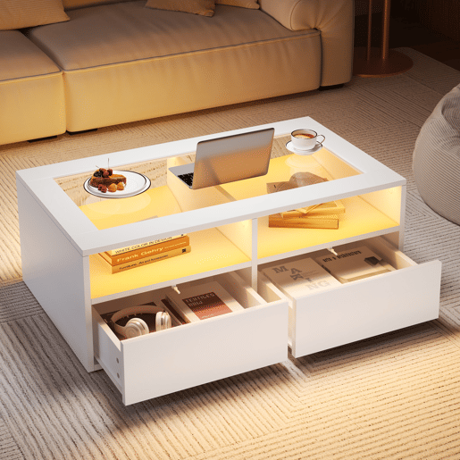 Mesa de centro retangular de painel de partÃculas com 2 gavetas e luz led,branco Mesa de centro retangular de painel de partÃculas com 2 gavetas e luz led,branco