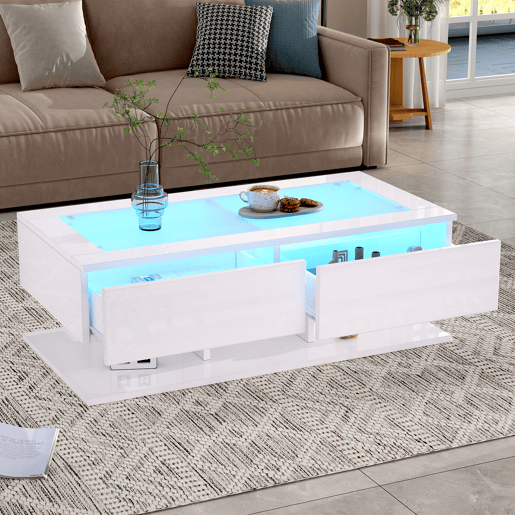 Mesa de centro retangular de painel de partÃculas com 2 gavetas e luz led,branco Mesa de centro retangular de painel de partÃculas com 2 gavetas e luz led,branco