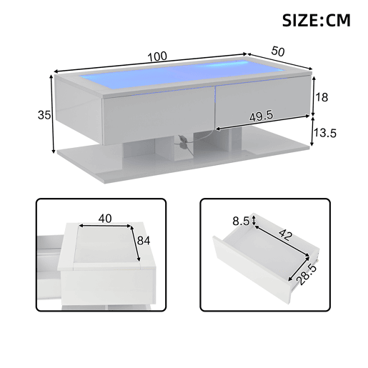Mesa de centro retangular de painel de partÃculas com 2 gavetas e luz led,branco Mesa de centro retangular de painel de partÃculas com 2 gavetas e luz led,branco