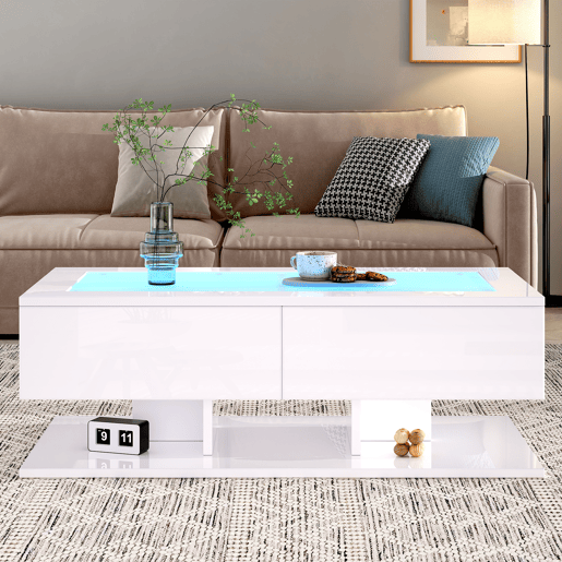Mesa de centro retangular de painel de partÃculas com 2 gavetas e luz led,branco Mesa de centro retangular de painel de partÃculas com 2 gavetas e luz led,branco