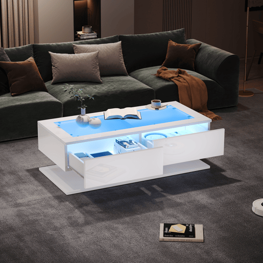 Mesa de centro retangular de painel de partÃculas com 2 gavetas e luz led,branco Mesa de centro retangular de painel de partÃculas com 2 gavetas e luz led,branco