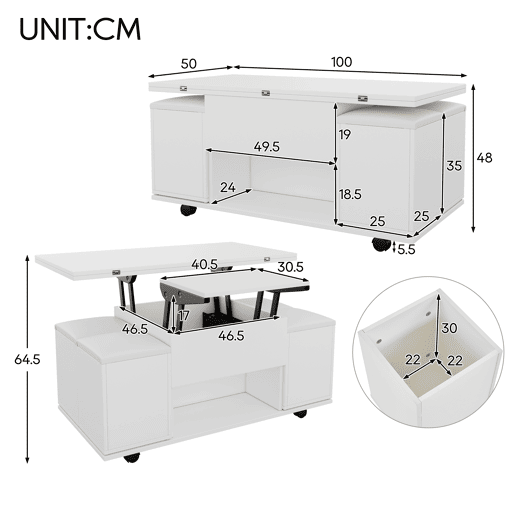 Mesa de centro elevável retangular de painel de partículas,branco Mesa de centro elevável retangular de painel de partículas,branco