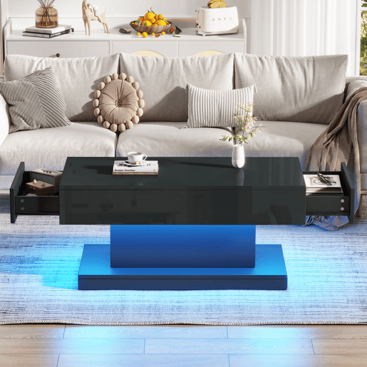 Mesa de centro retangular de painel de partÃculas com 2 gavetas e luz led,preto Mesa de centro retangular de painel de partÃculas com 2 gavetas e luz led,preto