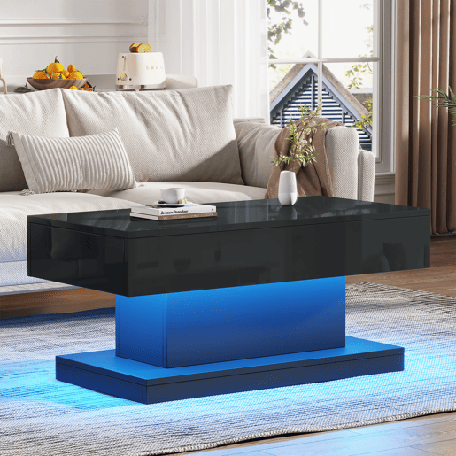 Mesa de centro retangular de painel de partÃculas com 2 gavetas e luz led,preto Mesa de centro retangular de painel de partÃculas com 2 gavetas e luz led,preto