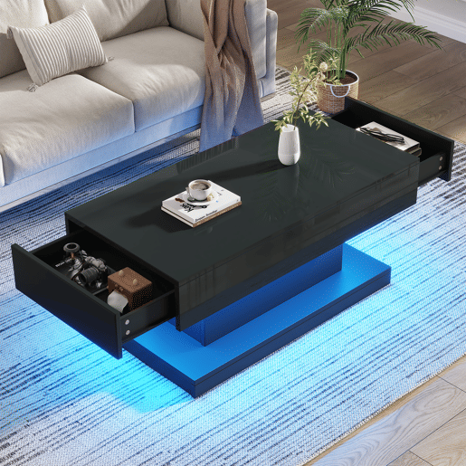 Mesa de centro retangular de painel de partÃculas com 2 gavetas e luz led,preto Mesa de centro retangular de painel de partÃculas com 2 gavetas e luz led,preto