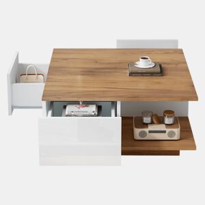 Mesa de centro quadrada de painel de partículas com 3 gavetas,natural+branco