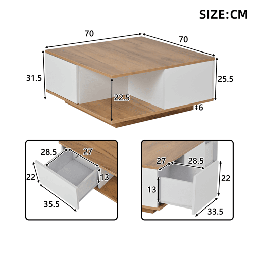 Mesa de centro quadrada de painel de partículas com 3 gavetas,natural+branco