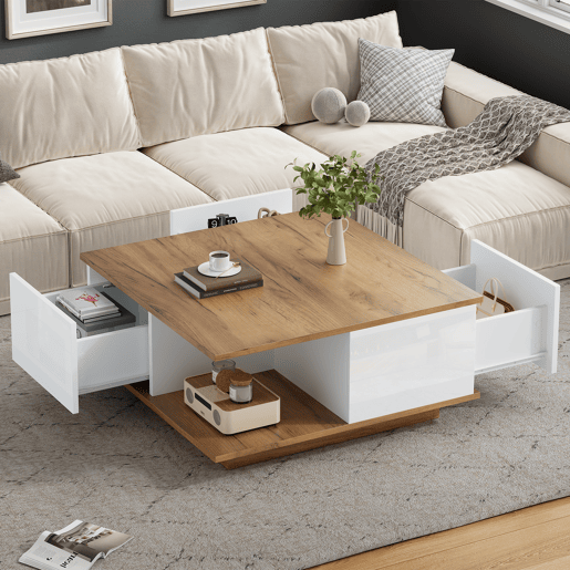 Mesa de centro quadrada de painel de partículas com 3 gavetas,natural+branco