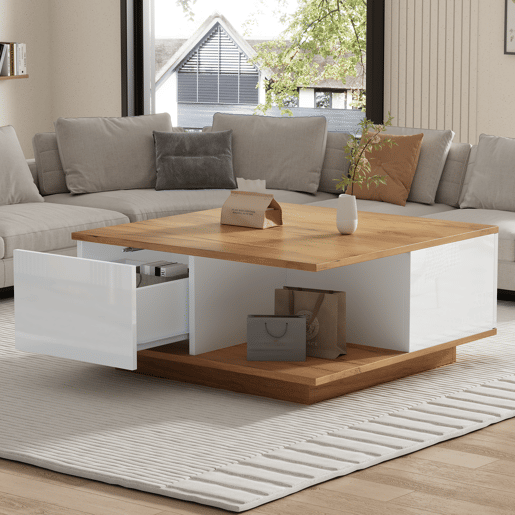 Mesa de centro quadrada de painel de partículas com 3 gavetas,natural+branco