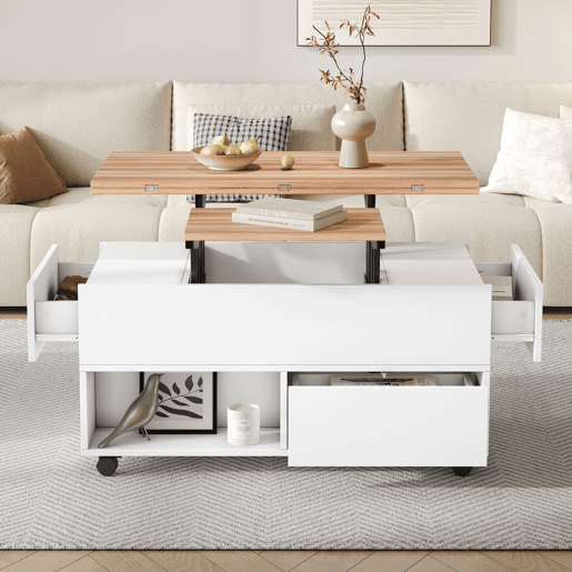 Mesa de centro elevável retangular de painel de partículas,branco+natural