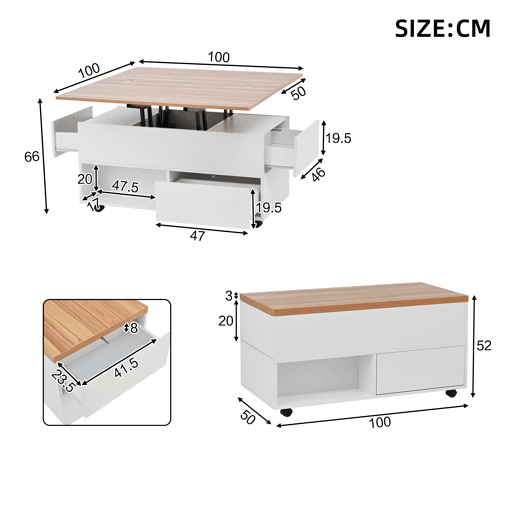 Mesa de centro elevável retangular de painel de partículas,branco+natural