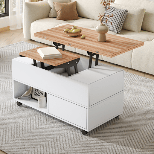 Mesa de centro elevável retangular de painel de partículas,branco+natural
