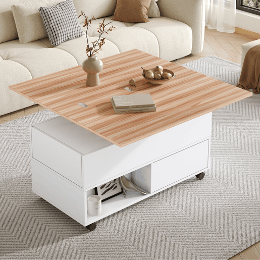Mesa de centro elevável retangular de painel de partículas,branco+natural
