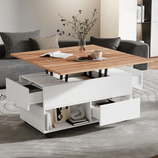 Mesa de centro elevável retangular de painel de partículas,branco+natural