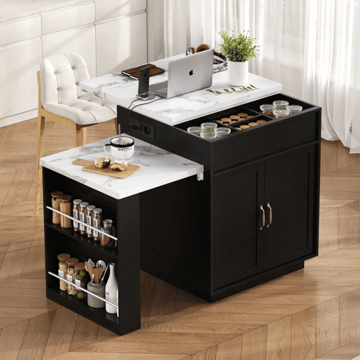 Ilha de cozinha multifuncional - com rodas, mesa extensível com iluminação LED e tomadas - preta Ilha de cozinha multifuncional - com rodas, mesa extensível com iluminação LED e tomadas - preta