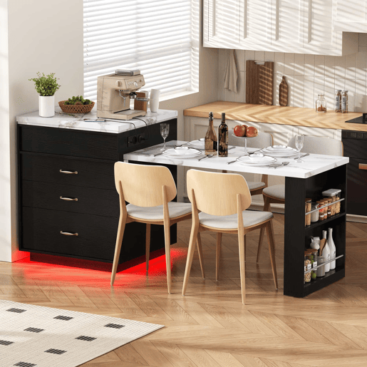 Ilha de cozinha multifuncional - com rodas, mesa extensível com iluminação LED e tomadas - preta Ilha de cozinha multifuncional - com rodas, mesa extensível com iluminação LED e tomadas - preta