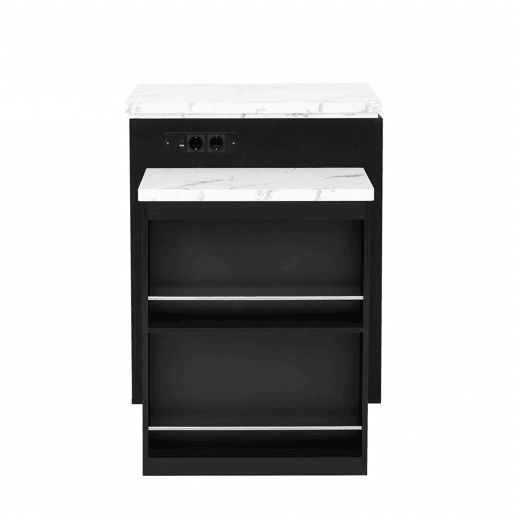 Ilha de cozinha multifuncional - com rodas, mesa extensível com iluminação LED e tomadas - preta Ilha de cozinha multifuncional - com rodas, mesa extensível com iluminação LED e tomadas - preta