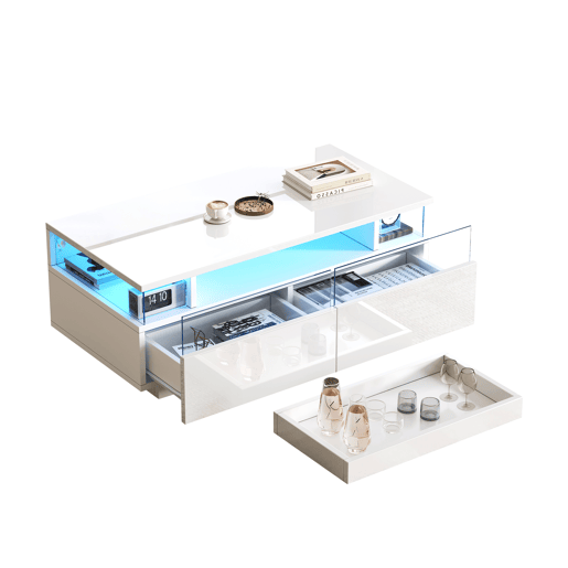 Mesa de centro retangular de mdf com 2 gavetas e luz led,branco Mesa de centro retangular de mdf com 2 gavetas e luz led,branco