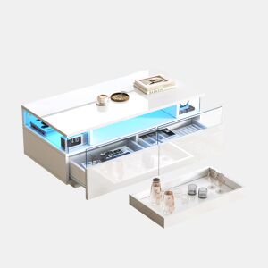 Mesa de centro retangular de mdf com 2 gavetas e luz led,branco