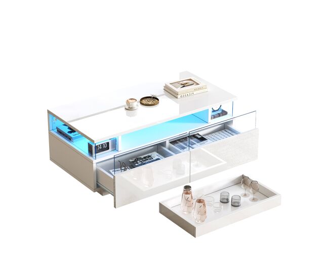 Mesa de centro rectangular de mdf con 2 cajones y luz led,blanco