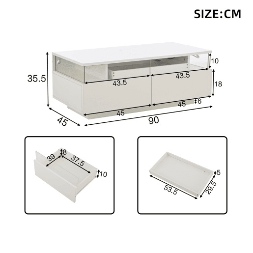 Mesa de centro retangular de mdf com 2 gavetas e luz led,branco Mesa de centro retangular de mdf com 2 gavetas e luz led,branco