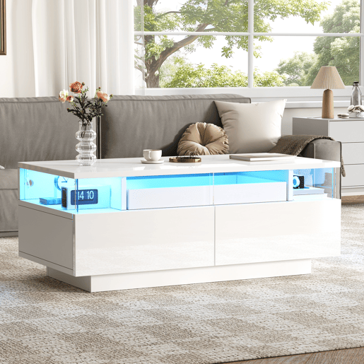 Mesa de centro retangular de mdf com 2 gavetas e luz led,branco Mesa de centro retangular de mdf com 2 gavetas e luz led,branco
