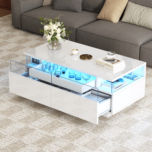 Mesa de centro retangular de mdf com 2 gavetas e luz led,branco Mesa de centro retangular de mdf com 2 gavetas e luz led,branco
