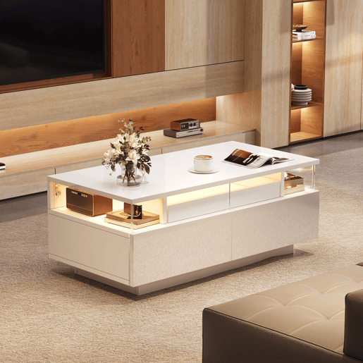 Mesa de centro retangular de mdf com 2 gavetas e luz led,branco Mesa de centro retangular de mdf com 2 gavetas e luz led,branco