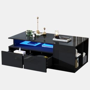 Mesa de centro retangular de painel de partículas com 2 gavetas e luz led,preto