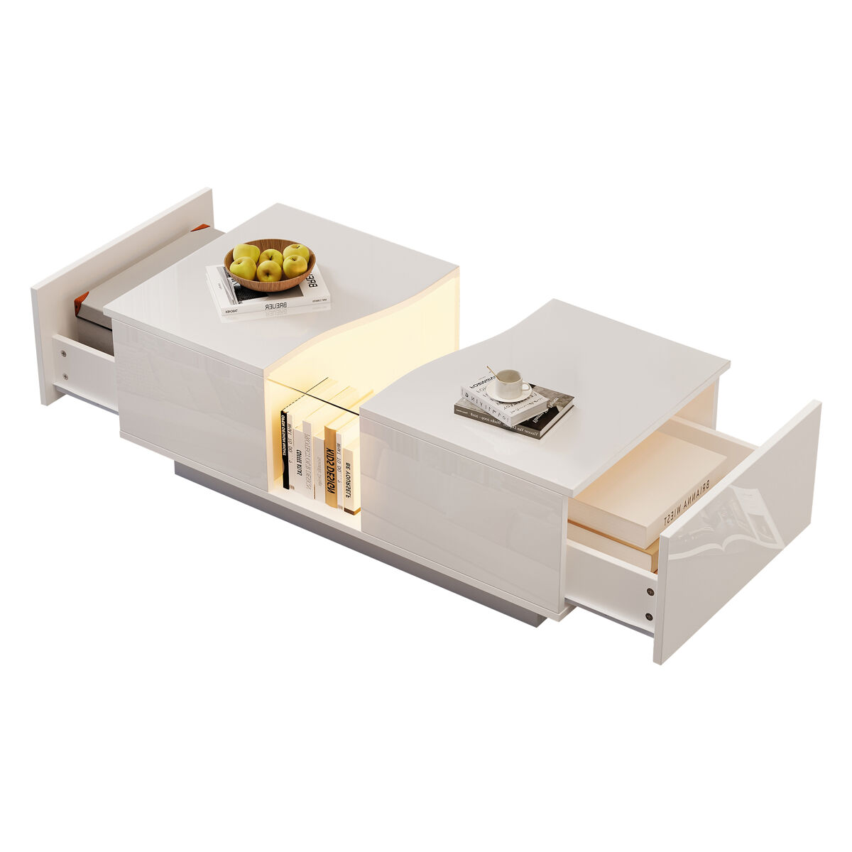 mesa de centro rectangular de mdf con 2 cajones y luz ledblanco
