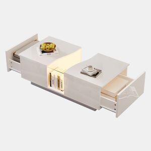 Mesa de centro retangular de mdf com 2 gavetas e luz led,branco