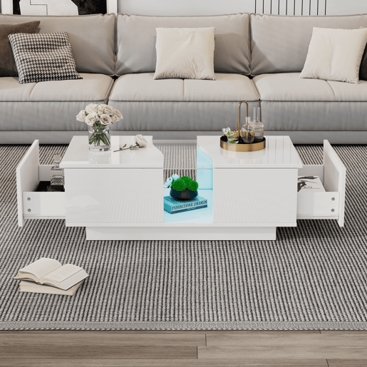 Mesa de centro retangular de mdf com 2 gavetas e luz led,branco Mesa de centro retangular de mdf com 2 gavetas e luz led,branco