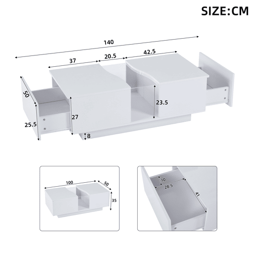 Mesa de centro retangular de mdf com 2 gavetas e luz led,branco Mesa de centro retangular de mdf com 2 gavetas e luz led,branco