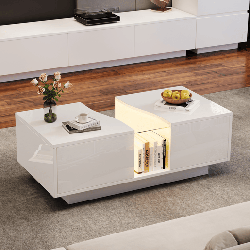 Mesa de centro retangular de mdf com 2 gavetas e luz led,branco Mesa de centro retangular de mdf com 2 gavetas e luz led,branco